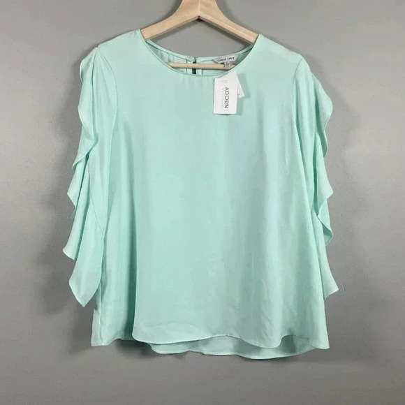 NAKED ZEBRA Top, Women's Size L Green Ruffle Draped Sleeve, Cut Out at Shouder - Picture 1 of 6